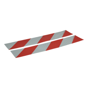 markeringssticker container 705x141 rood / wit, schuin gestreept 4x verticaal links, 4x verticaal rechts